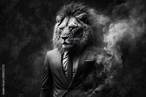 A black and white picture of a scary looking lion in a suit smoking with human hands. Generative AI