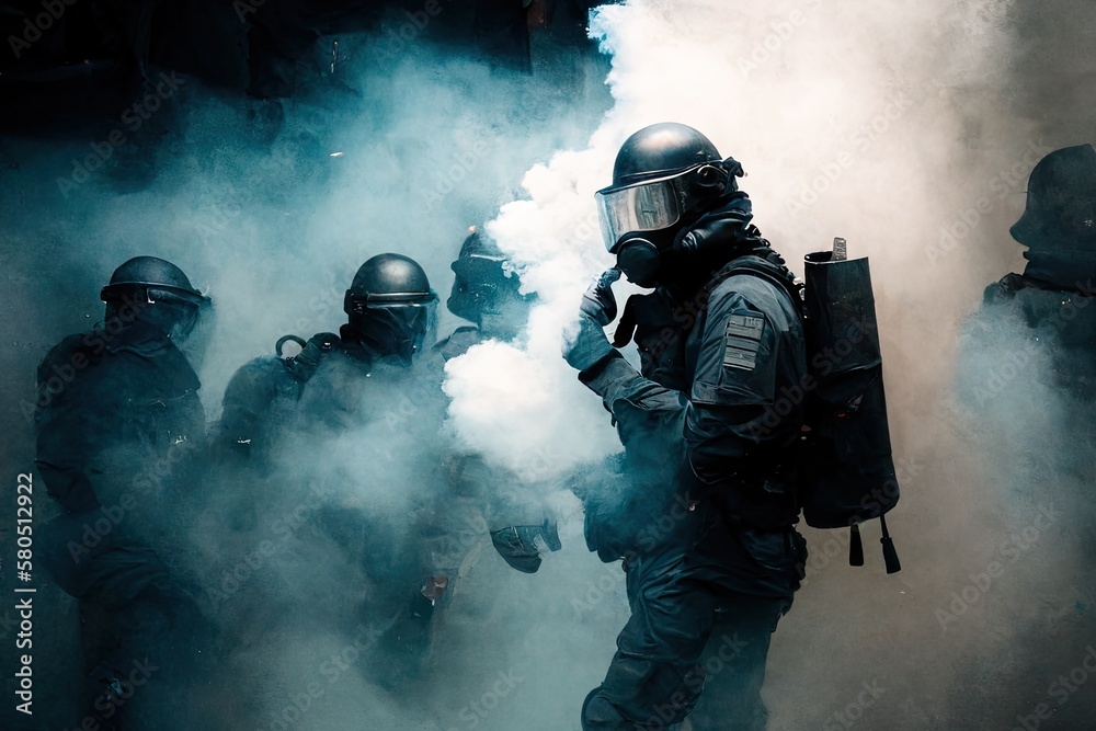 Obraz premium Riot Police Tear Gas Smoke.generative ai