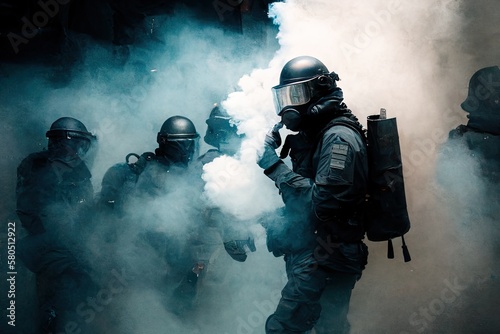 Riot Police Tear Gas Smoke.generative ai
