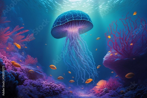 "Underwater Surrealism: Giant Jellyfish." Generative AI. © dimensdesign