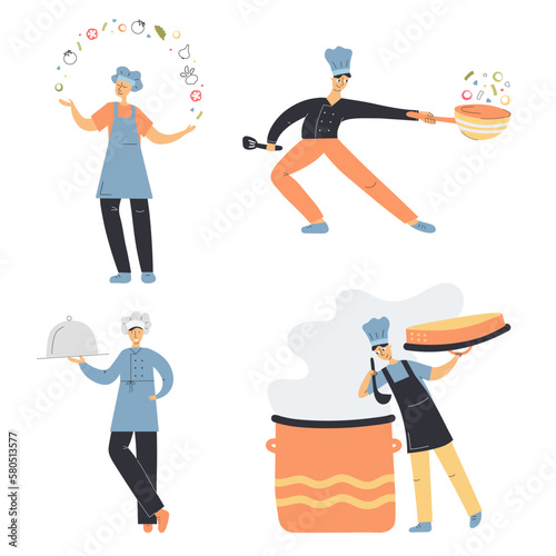 Set of master chef cooks and tastes food
