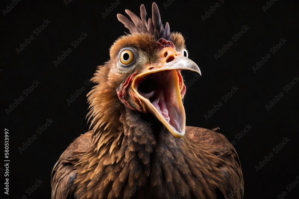 Funny animals theme, close up of a brown chicken's head with its mouth open and its eyes wide. Generative AI