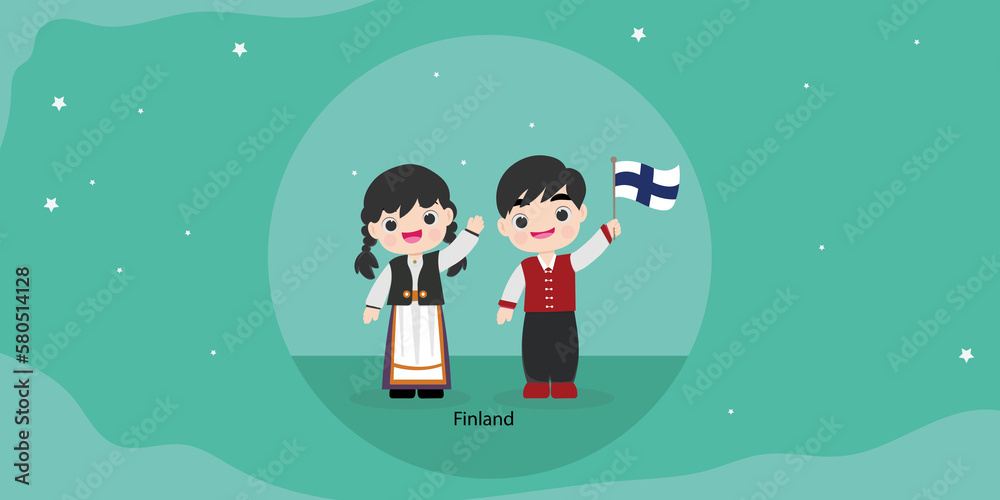 Naklejka premium Finland in national dress with a flag. Man and woman in traditional costume in earth and map.vector illustartion