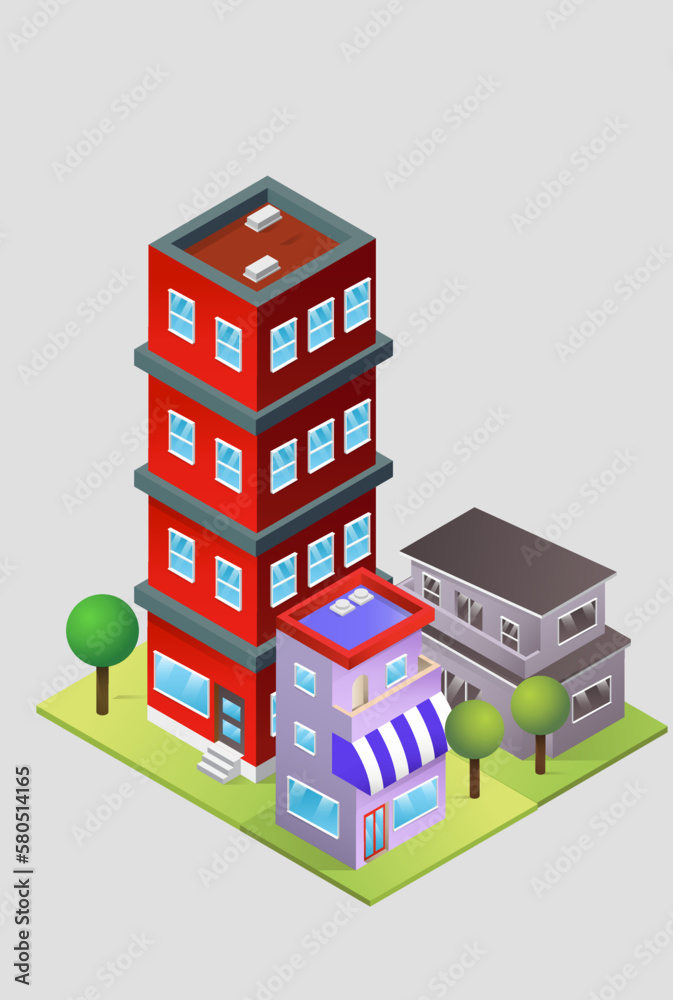 three 3d buildings vector illustration