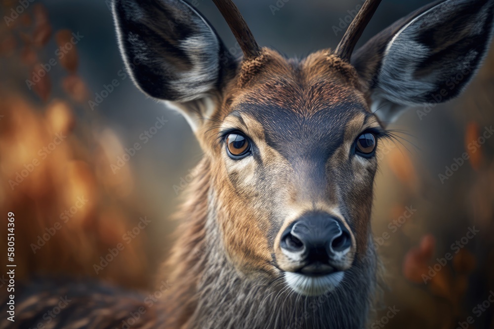 The beautiful close up picture of a brown deer looking straight at the camera. Generative AI The beautiful close up picture of a brown deer looking straight at the camera. Generative AI
