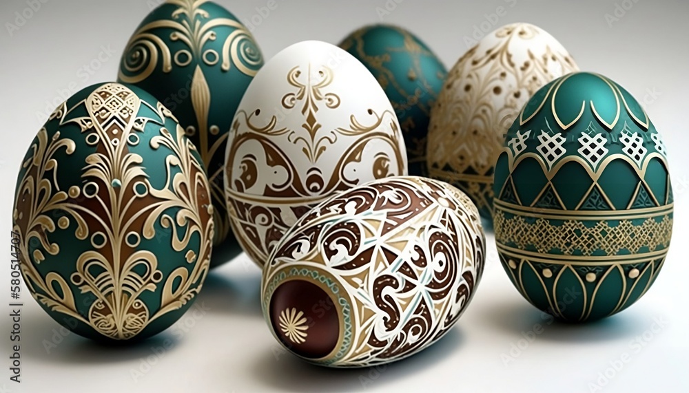 Luxe easter eggs, elegant, adorned with metallic decorations. generative ai. Luxe easter eggs, elegant, adorned with metallic decorations. generative ai.