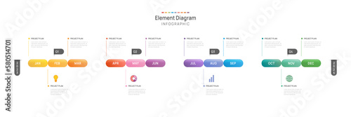 Infographic template for business. 12 Months modern Timeline element diagram calendar, 4 quarter steps milestone presentation vector infographic.