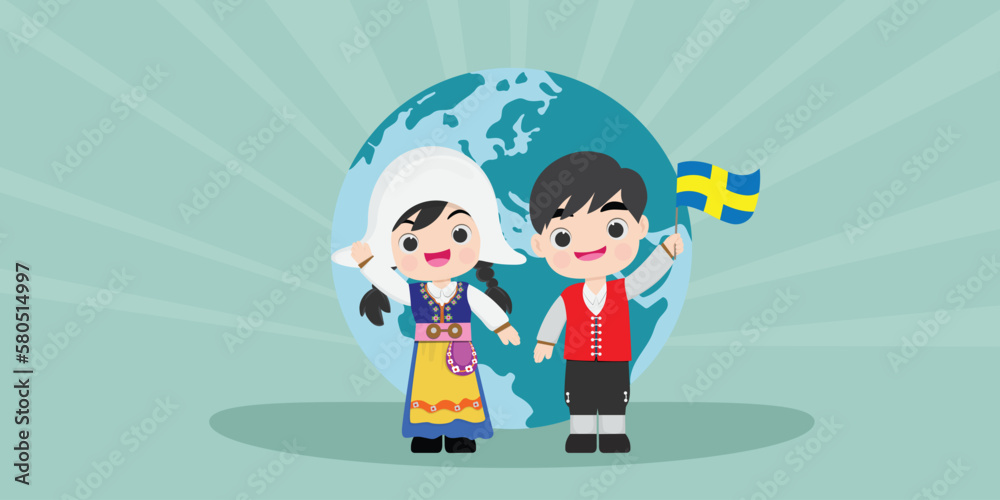 sweden in  dress with a flag. Man and woman in traditional costume. Travel to Latvia earth.