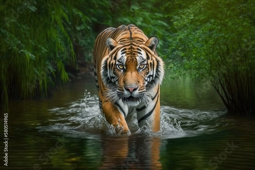 Amur tiger walking in river water. Dangerous animal in tajga, Russia. Animal in a stream in a green forest. Generative AI photo