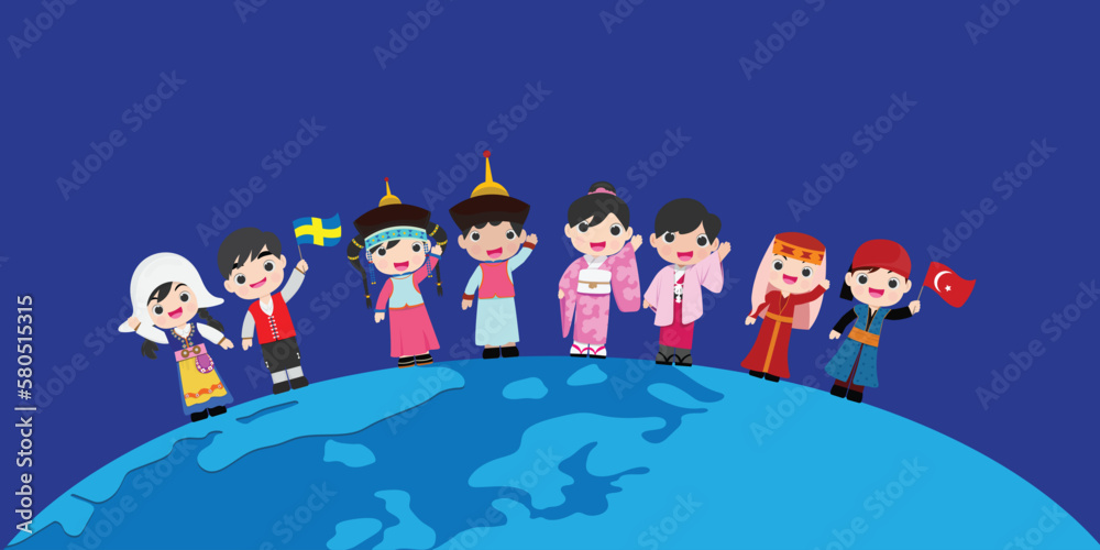 Naklejka premium international children's day vector poster of many kids holding hands from various countries standing on earth symbol