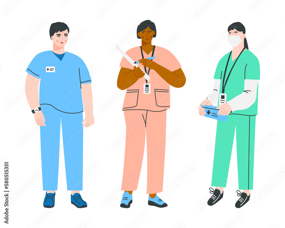 Group of nurses isolated on a white background. Hospital worker. Medical staff in uniform. Vector flat illustration Group of nurses isolated on a white background. Hospital worker. Medical staff in uniform. Vector flat illustration