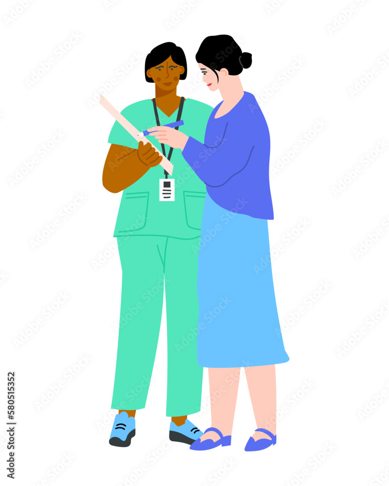 Woman filling docs at clinic with medical staff. Patient standing near nurse and signing hospital document.  Vector flat illustration