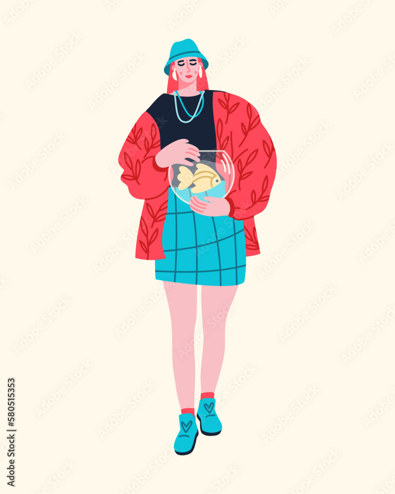 Portrait of fashionable woman holding fishbowl in her hands. Person carrying goldfish in the aquarium. Vector flat illustration Portrait of fashionable woman holding fishbowl in her hands. Person carrying goldfish in the aquarium. Vector flat illustration