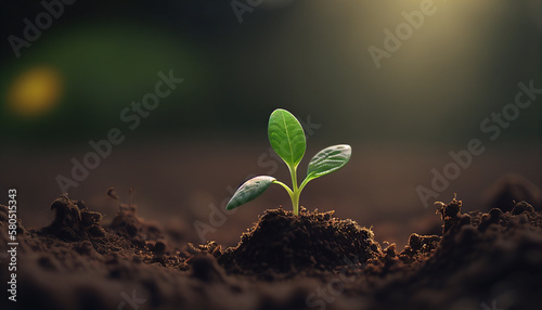 The seedling are growing from the rich soil to the morning sunlight that is shining, ecology concept. Generative AI.