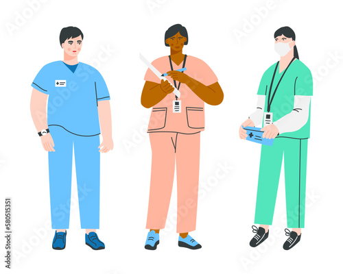 Group of nurses isolated on a white background. Hospital worker. Medical staff in uniform. Vector flat illustration