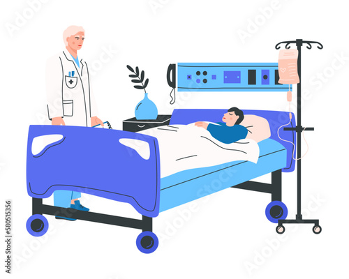 Attending physician visiting a bed patient. Hospitalized man lying in a bed. Sick male patient sleeping in a hospital room. Vector flat illustration