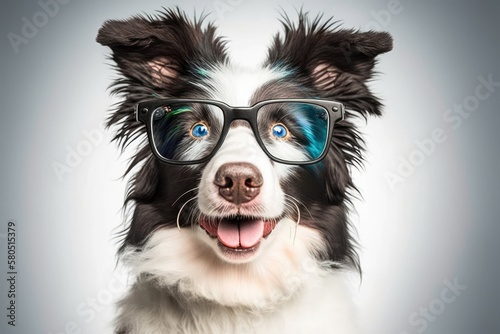 Happy Birthday idea for a party. Funny cute puppy dog border collie wearing birthday silly eyeglasses on white background. Pet dog on Birthday day. Generative AI © AkuAku