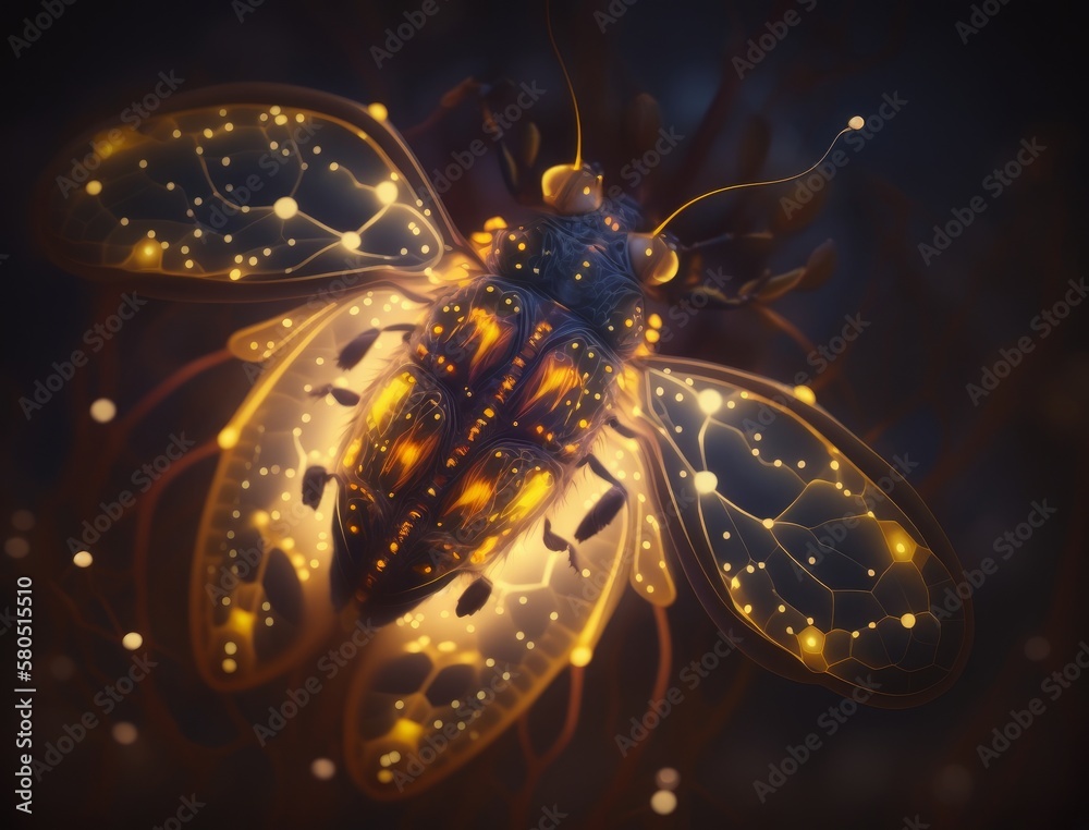 Generative AI illustration of abstract firefly in orange and blue light.