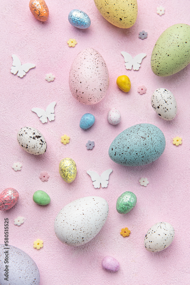 Happy Easter concept. Flat lay Easter eggs on pink concrete background. Happy Easter concept. Flat lay Easter eggs on pink concrete background.