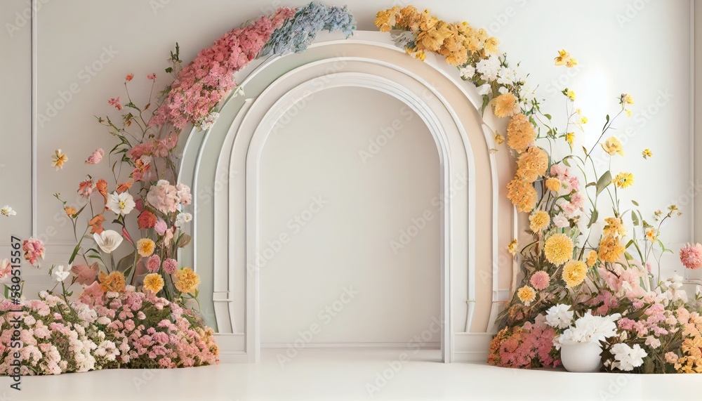 Generative AI of white room with arch and flowers in the wall - obrazy, fototapety, plakaty 