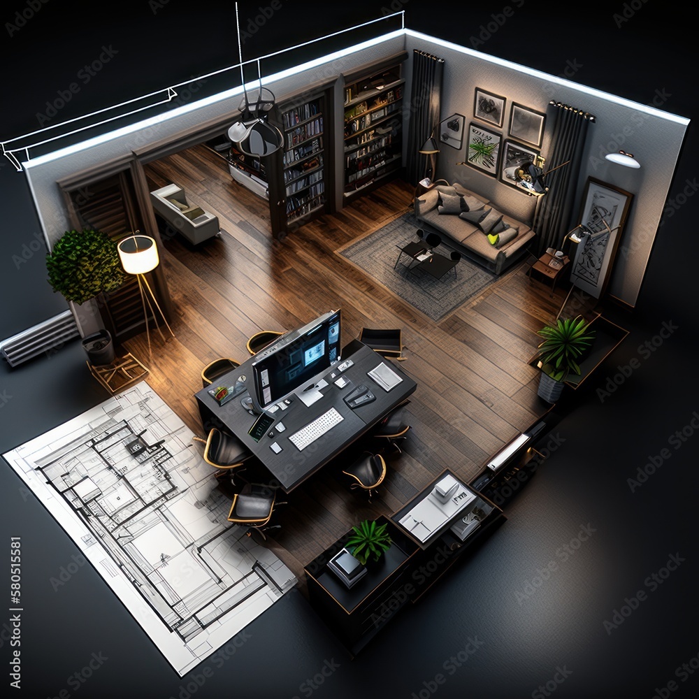 3d floor plan Interior of a modern office. Generative AI Stock