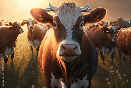 At dusk in the summer  cows herd on a grassy field. A cow looks at the camera  and the sun is shining through her horns. Generative AI