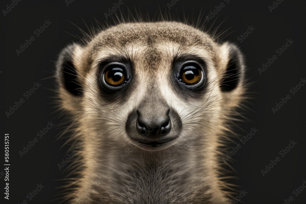 Fototapeta premium Cute meerkat head close up, funny portrait on black background, front view. Generative AI