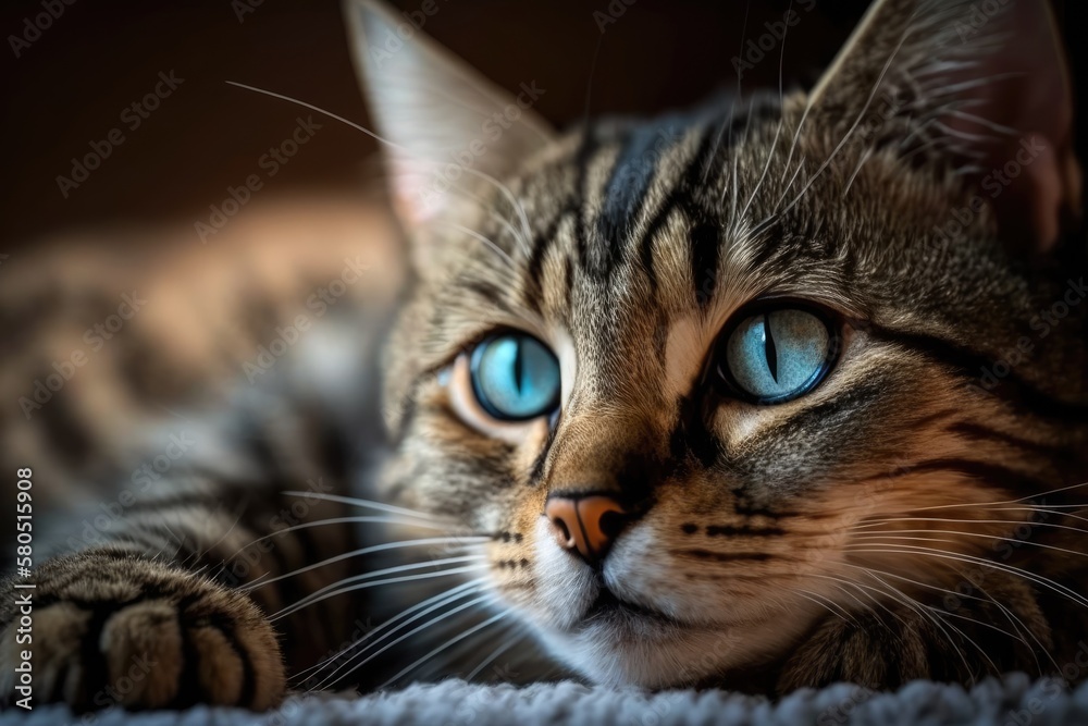 A sweet looking tabby cat with blue eyes and long whiskers looks at the camera. A close up of a beautiful cat lying down inside. Generative AI