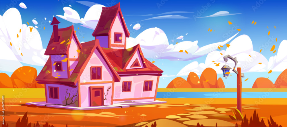 Pink rural house on autumn forest glade near lake. Vector cartoon illustration of country cottage building surrounded by bushes, orange grass, blue river, stone footpath, old lantern. Game background
