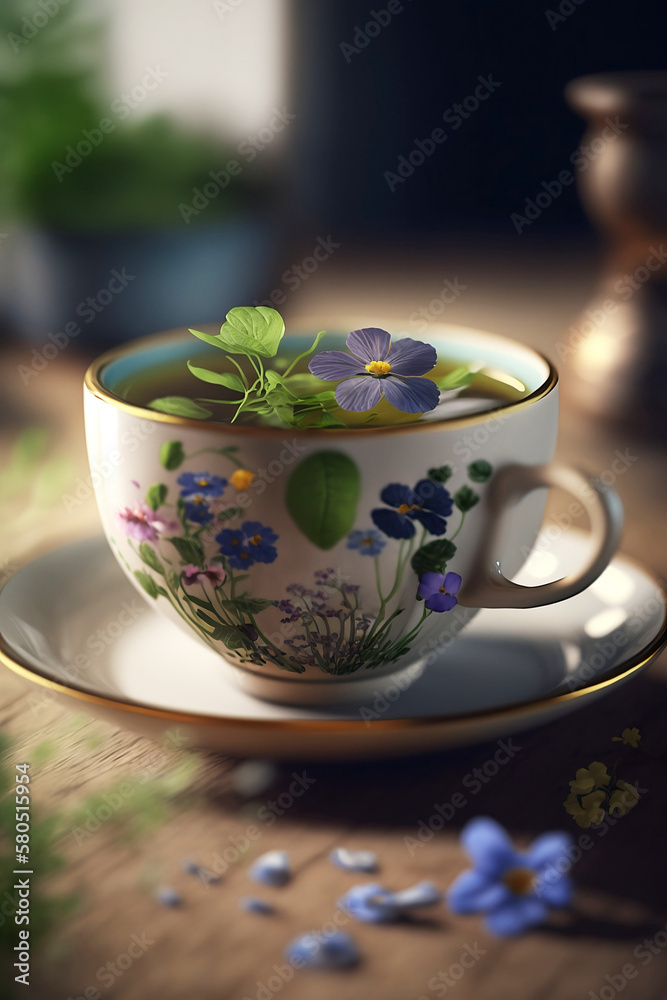 abstract illustration flowers in teacup on table surface abstract illustration flowers in teacup on table surface