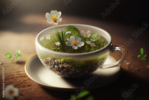 abstract illustration flowers in teacup on table surface