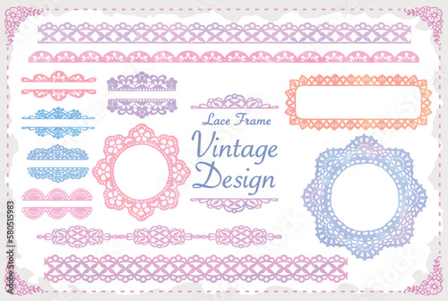 アンティークなレース風のライン、フレーム、飾りのセット。水彩風、ベクター素材