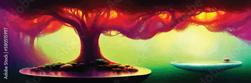 Alien fantasy landscape of a magical world with bizarre plants. Surreal panoramic background. Vector colorful illustration.