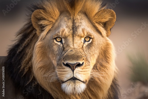 Portrait of the face of a male lion from the Kgalagadi desert in South Africa. Leo the lion. Generative AI © AkuAku