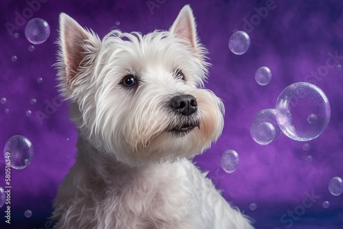 After it was groomed, a cute West Highland White Terrier dog on a purple background. Dog portrait among soap bubbles. Write Space. Where to put text. Generative AI