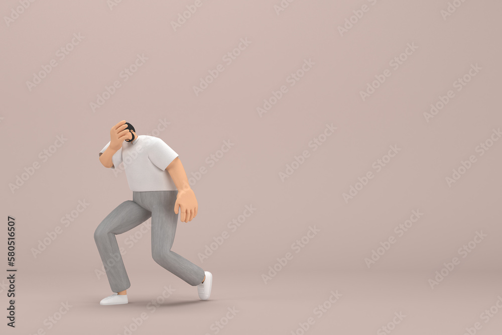 The man with beard wearinggray corduroy pants and white collar t-shirt.  He is sad or in pain.  3d illustrator of cartoon character in acting.