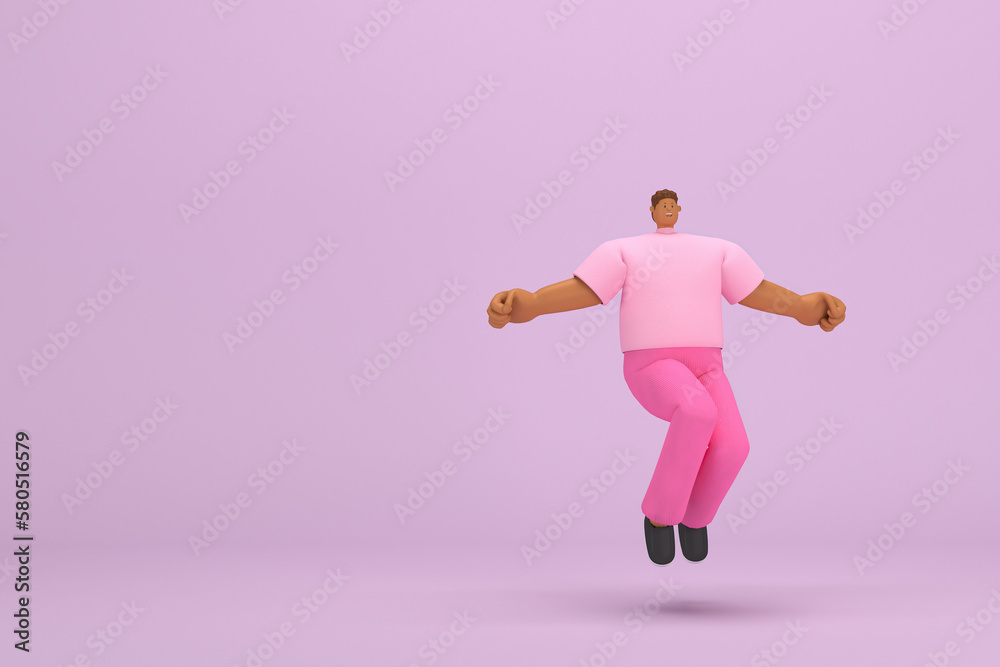 The black man with pink clothes.  He is jumping. 3d rendering of cartoon character in acting.