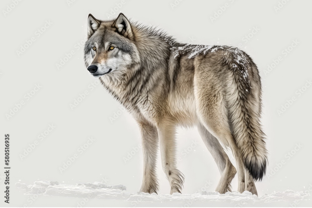Snow on a gray wolf, set against a white background. Generative AI Snow on a gray wolf, set against a white background. Generative AI