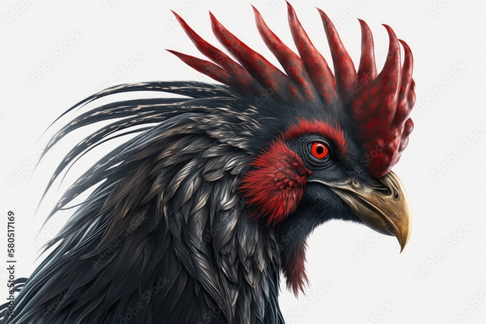 Head of a red and black rooster on a white background. Generative AI