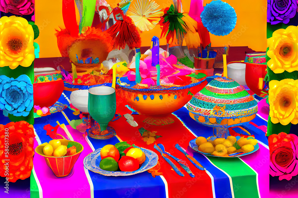 Traditional colorful table decorations for celebrating fiesta. Generative Ai