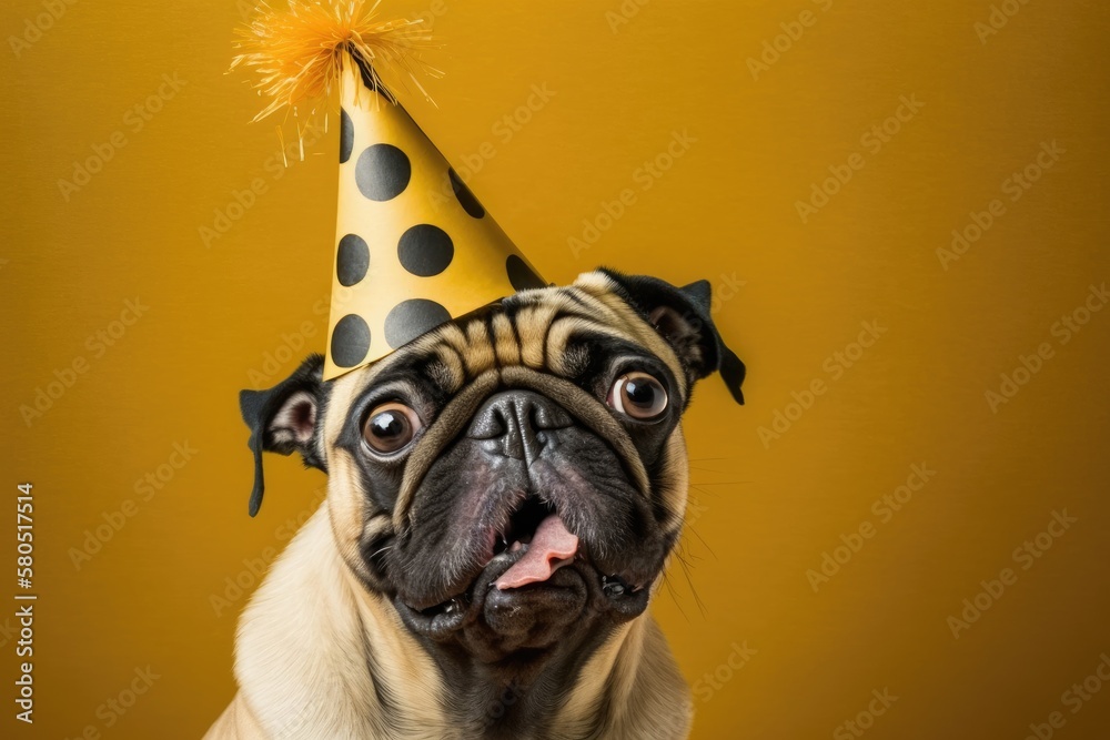 portrait of a funny pug dog with a party hat on a yellow background with room for text. birthday card. A dog with its tongue out. Generative AI