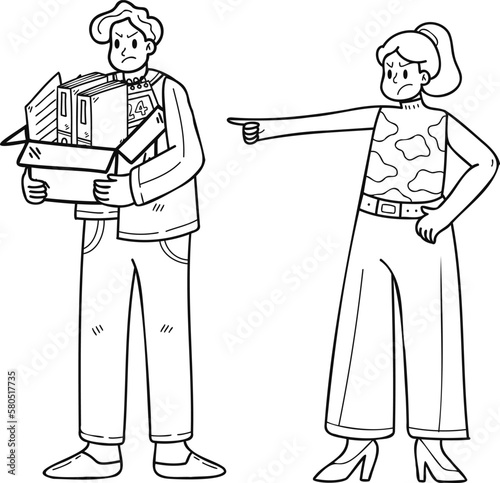 Male office worker fired from office by female boss illustration in doodle style