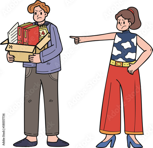 Male office worker fired from office by female boss illustration in doodle style