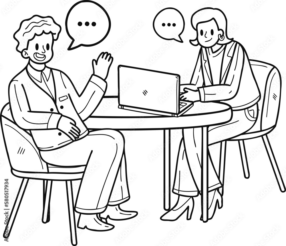 Businesswoman sitting and discussing work on the desk illustration in doodle style Businesswoman sitting and discussing work on the desk illustration in doodle style