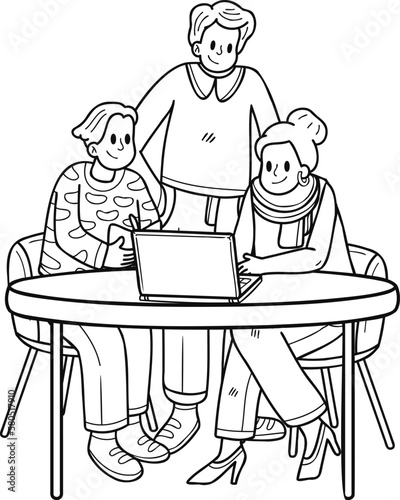 Business team consulting with laptop illustration in doodle style