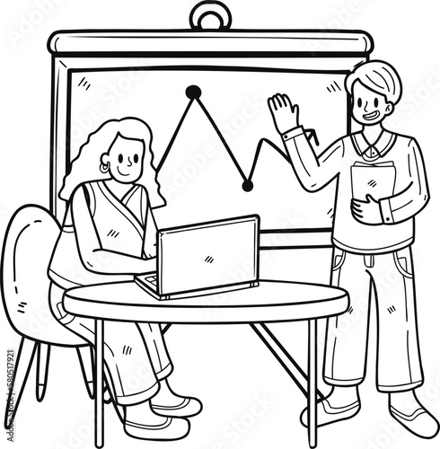 Business team presenting with slides and laptop illustration in doodle style