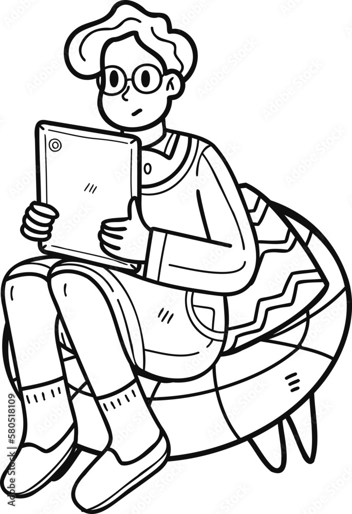 young male businessman sitting at work with a tablet illustration in doodle style