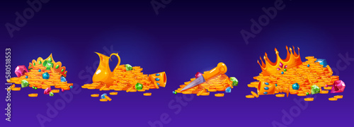 Cartoon set of treasure piles isolated on dark blue background. Heaps of golden coins, colorful gem stones, luxury royal crowns, antique shiny jug and cup. Adventure game trophy. Vector illustration
