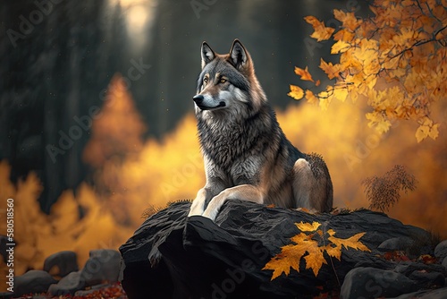 Wolf is sitting on a stone in the fall forest. Generative AI