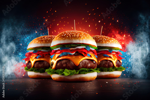 Wonderful Three fresh and juicy burgers with American flag-style fireworks inserted into them. Generative Ai